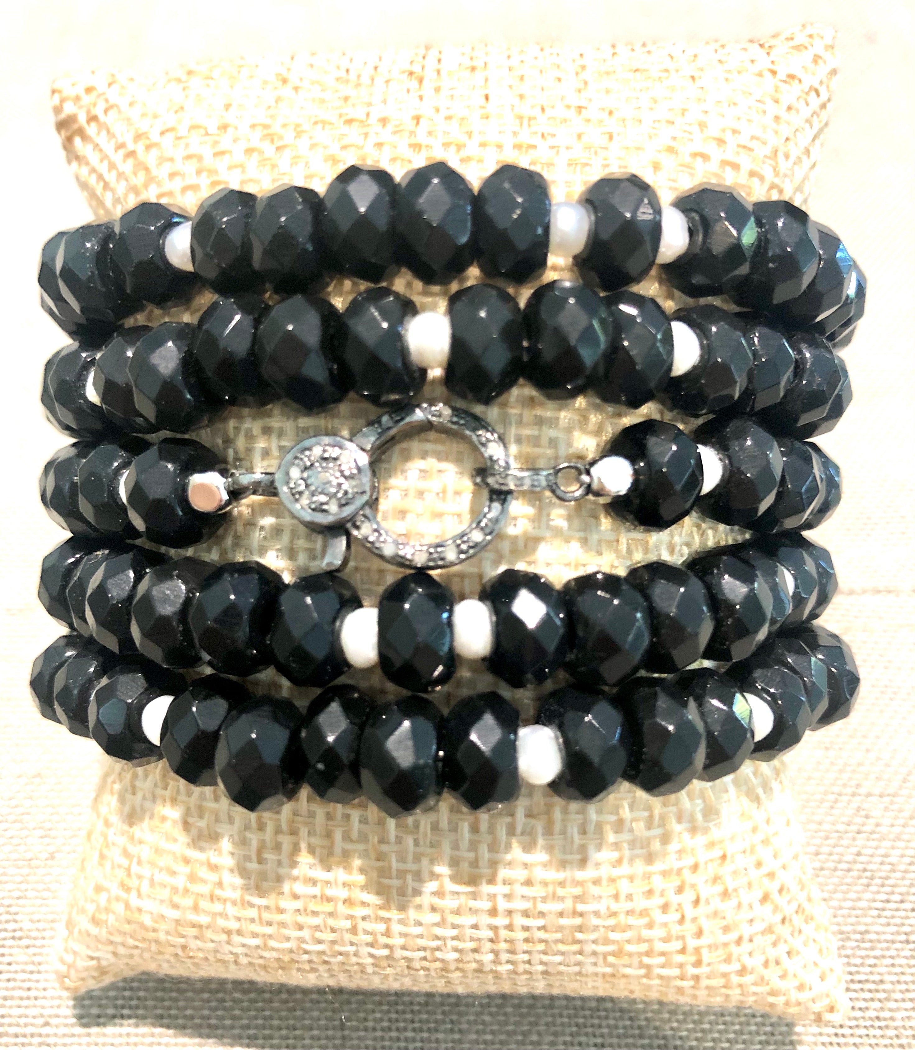 black obsidian, pearl and pave diamond hook bracelet
