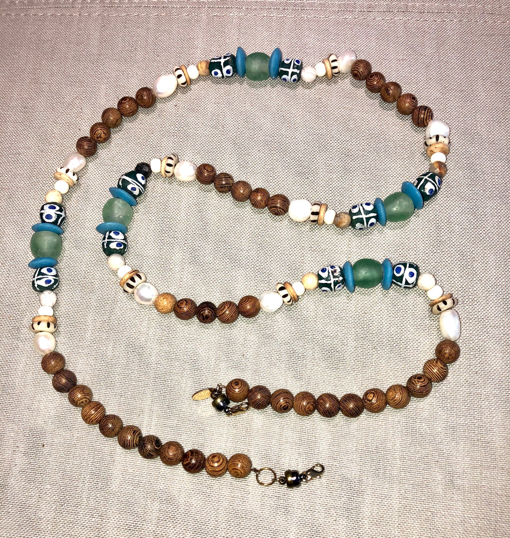 freshwater baroque pearl, wood, green krobo african bead and jasper mask chain and necklace