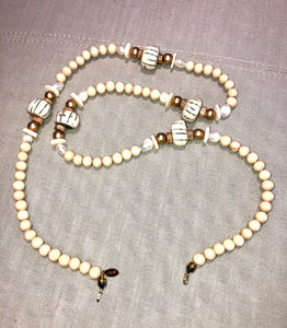 freshwater baroque pearl, wood, bone and agate mask chain and necklace